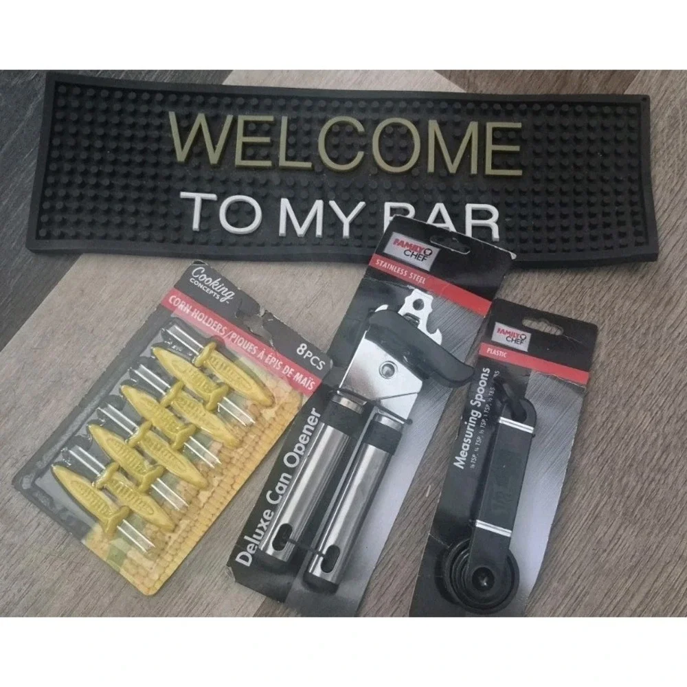 Kitchen Tool Bundle – Can Opener,‎ Corn Holders, Measuring Spoons & Bar Mat